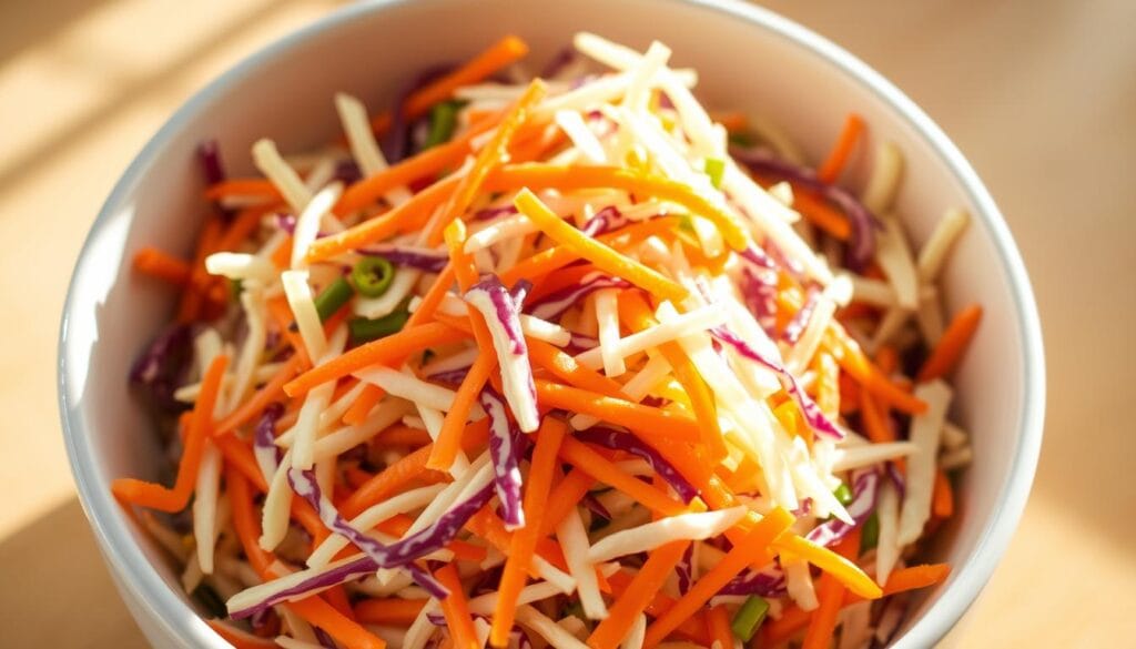 Pre-shredded coleslaw mix in a bowl Pre-shredded coleslaw mix in a bowl