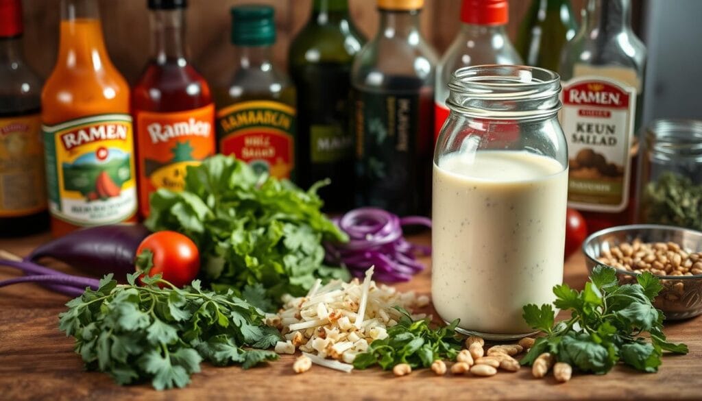 Ramen Cabbage Salad dressing customization: A vibrant array of ingredients on a wooden table, including bottles of various sauces, oils, and seasonings. In the foreground, a glass jar filled with a creamy, tangy dressing. Herbs, chopped vegetables, and toasted nuts are arranged around the dressing, ready to be mixed and matched for a personalized flavor profile. Soft, natural lighting illuminates the scene, creating a warm and inviting atmosphere. The composition emphasizes the versatility and customization possibilities of this easy meal prep staple. Ramen Cabbage Salad dressing customization: A vibrant array of ingredients on a wooden table, including bottles of various sauces, oils, and seasonings. In the foreground, a glass jar filled with a creamy, tangy dressing. Herbs, chopped vegetables, and toasted nuts are arranged around the dressing, ready to be mixed and matched for a personalized flavor profile. Soft, natural lighting illuminates the scene, creating a warm and inviting atmosphere. The composition emphasizes the versatility and customization possibilities of this easy meal prep staple.