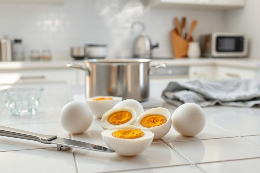 A bright, well-lit kitchen counter with a clean white tile surface. In the foreground, a set of hard-boiled eggs in various stages of peeling, their shells revealing the perfectly cooked yolks and whites. Next to them, a sharp knife, a small bowl of water, and a towel. In the middle ground, a stainless steel pot, its lid slightly ajar, steam rising from the opening. The background features a clean, minimalist tiled backsplash and a few kitchen appliances, all in a soft, harmonious color palette. The lighting is natural, with a touch of directional light highlighting the textures and details of the eggs and surrounding elements. The overall mood is one of simplicity, efficiency, and a well-executed culinary process. A bright, well-lit kitchen counter with a clean white tile surface. In the foreground, a set of hard-boiled eggs in various stages of peeling, their shells revealing the perfectly cooked yolks and whites. Next to them, a sharp knife, a small bowl of water, and a towel. In the middle ground, a stainless steel pot, its lid slightly ajar, steam rising from the opening. The background features a clean, minimalist tiled backsplash and a few kitchen appliances, all in a soft, harmonious color palette. The lighting is natural, with a touch of directional light highlighting the textures and details of the eggs and surrounding elements. The overall mood is one of simplicity, efficiency, and a well-executed culinary process.