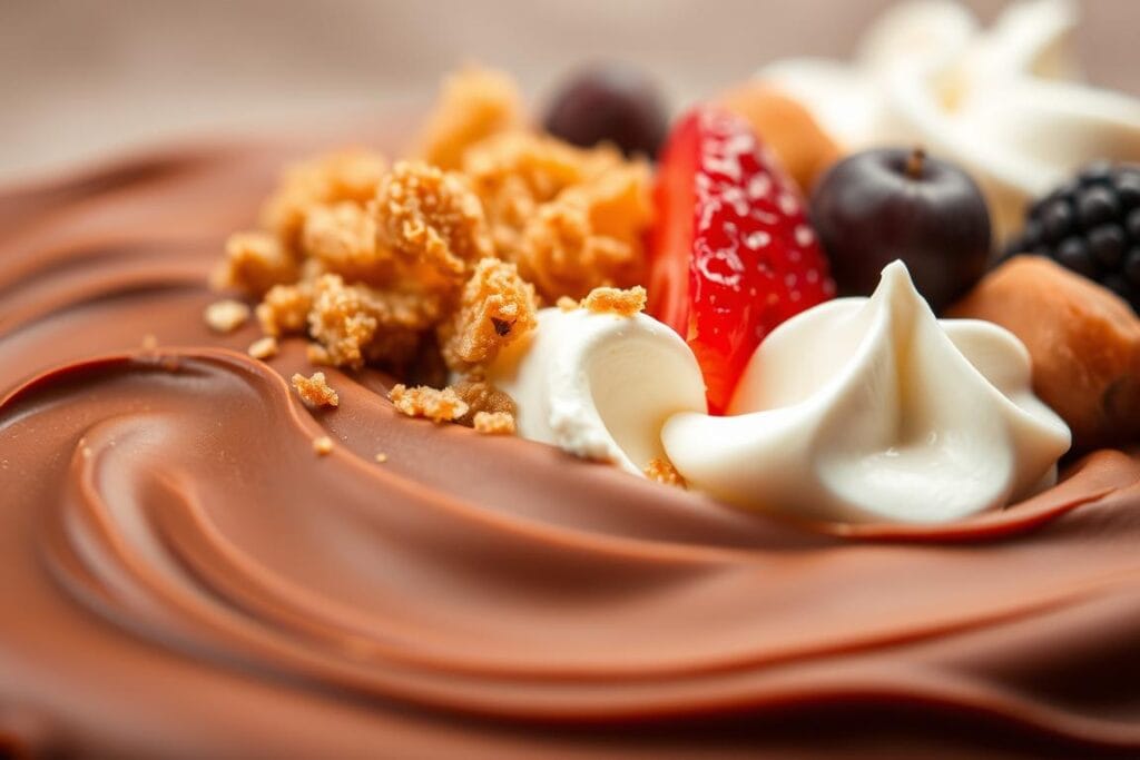 A close-up shot of an assortment of textures on a soft, creamy dessert surface. The foreground features a smooth, velvety chocolate ganache or custard, with delicate swirls and patterns. The middle ground showcases a variety of textures, such as crunchy caramelized sugar, fluffy whipped cream, and tender fruit. The background is a muted, neutral tone that allows the textural elements to take center stage. Lighting is soft and diffused, creating a warm, inviting atmosphere. The image conveys a balance of flavors and a visually appealing, tactile experience, suitable for highlighting the best sugar-free desserts for diabetics. A close-up shot of an assortment of textures on a soft, creamy dessert surface. The foreground features a smooth, velvety chocolate ganache or custard, with delicate swirls and patterns. The middle ground showcases a variety of textures, such as crunchy caramelized sugar, fluffy whipped cream, and tender fruit. The background is a muted, neutral tone that allows the textural elements to take center stage. Lighting is soft and diffused, creating a warm, inviting atmosphere. The image conveys a balance of flavors and a visually appealing, tactile experience, suitable for highlighting the best sugar-free desserts for diabetics.