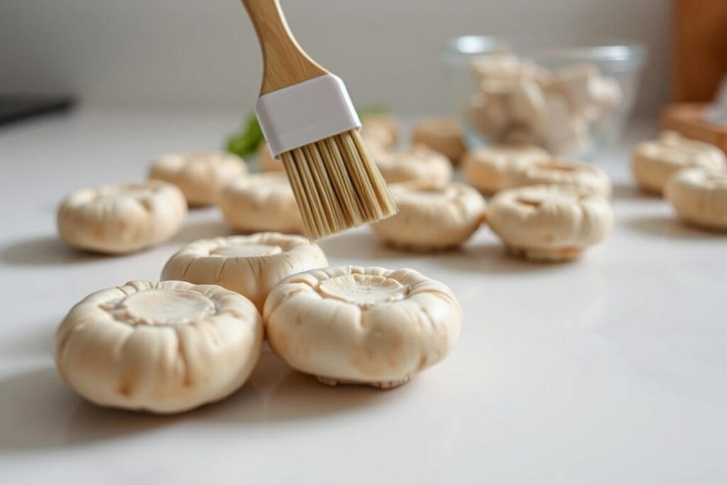 A close-up view of a clean, well-lit kitchen counter, with several fresh mushroom caps arranged in the foreground. The caps are being carefully cleaned with a small brush, revealing their textured surface and pale beige color. The lighting is soft and diffused, casting gentle shadows that accentuate the contours of the mushrooms. The background is slightly blurred, suggesting a clean, uncluttered space, allowing the viewer to focus on the delicate process of preparing the mushrooms for stuffing. A close-up view of a clean, well-lit kitchen counter, with several fresh mushroom caps arranged in the foreground. The caps are being carefully cleaned with a small brush, revealing their textured surface and pale beige color. The lighting is soft and diffused, casting gentle shadows that accentuate the contours of the mushrooms. The background is slightly blurred, suggesting a clean, uncluttered space, allowing the viewer to focus on the delicate process of preparing the mushrooms for stuffing.