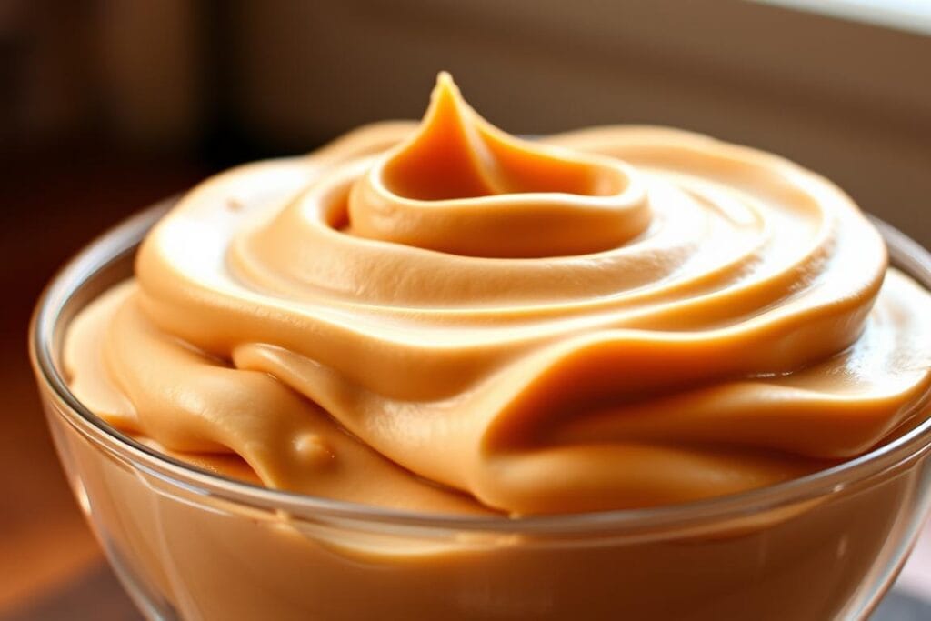 A creamy, luxurious Biscoff cookie butter mousse, with a smooth and velvety texture, presented in a clear glass bowl. The mousse has a rich, golden-brown hue, reflecting the caramelized flavors of the Biscoff cookies. Delicate swirls and peaks adorn the surface, creating a visually appealing and inviting dessert. The background is softly blurred, allowing the mousse to be the focal point, bathed in warm, diffused lighting that enhances its alluring, indulgent appearance. The overall atmosphere is one of decadence and temptation, perfectly capturing the essence of the "Biscoff Cookie Butter Mousse" section of the "Layered Biscoff Cookie Trifle Recipe Everyone Will Love" article. A creamy, luxurious Biscoff cookie butter mousse, with a smooth and velvety texture, presented in a clear glass bowl. The mousse has a rich, golden-brown hue, reflecting the caramelized flavors of the Biscoff cookies. Delicate swirls and peaks adorn the surface, creating a visually appealing and inviting dessert. The background is softly blurred, allowing the mousse to be the focal point, bathed in warm, diffused lighting that enhances its alluring, indulgent appearance. The overall atmosphere is one of decadence and temptation, perfectly capturing the essence of the "Biscoff Cookie Butter Mousse" section of the "Layered Biscoff Cookie Trifle Recipe Everyone Will Love" article.