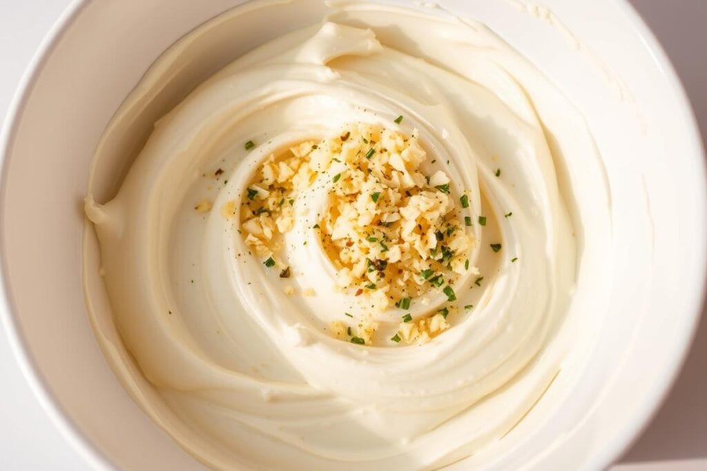 A creamy, thick mixture of softened cream cheese, grated Parmesan, minced garlic, and aromatic herbs. The mixture is swirled and folded together in a wide, shallow bowl, creating a smooth, spreadable consistency. Warm, natural lighting casts a soft glow over the surface, highlighting the silky texture and subtle tang of the filling. The bowl is placed on a clean, white surface, allowing the rich, indulgent nature of the cream cheese to take center stage. A creamy, thick mixture of softened cream cheese, grated Parmesan, minced garlic, and aromatic herbs. The mixture is swirled and folded together in a wide, shallow bowl, creating a smooth, spreadable consistency. Warm, natural lighting casts a soft glow over the surface, highlighting the silky texture and subtle tang of the filling. The bowl is placed on a clean, white surface, allowing the rich, indulgent nature of the cream cheese to take center stage.