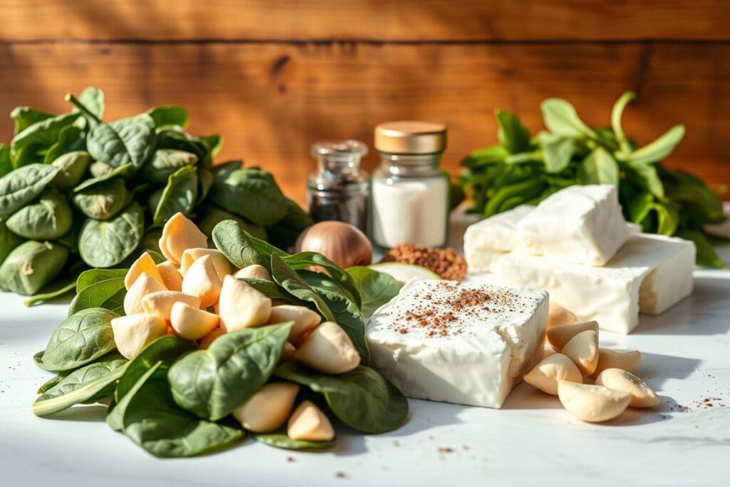 A crisp, well-lit tabletop scene showcasing the essential ingredients for a creamy, indulgent spinach and artichoke dip. In the foreground, an array of fresh spinach leaves, tangy artichoke hearts, and luscious blocks of cream cheese. In the middle ground, a selection of spices and seasonings - garlic, onion powder, and freshly cracked black pepper - arranged neatly. The background features a rustic wooden surface, with natural sunlight streaming in from the side, casting warm shadows and highlights across the scene. The overall mood is one of simplicity, quality, and the promise of a delectable homemade dip. A crisp, well-lit tabletop scene showcasing the essential ingredients for a creamy, indulgent spinach and artichoke dip. In the foreground, an array of fresh spinach leaves, tangy artichoke hearts, and luscious blocks of cream cheese. In the middle ground, a selection of spices and seasonings - garlic, onion powder, and freshly cracked black pepper - arranged neatly. The background features a rustic wooden surface, with natural sunlight streaming in from the side, casting warm shadows and highlights across the scene. The overall mood is one of simplicity, quality, and the promise of a delectable homemade dip.