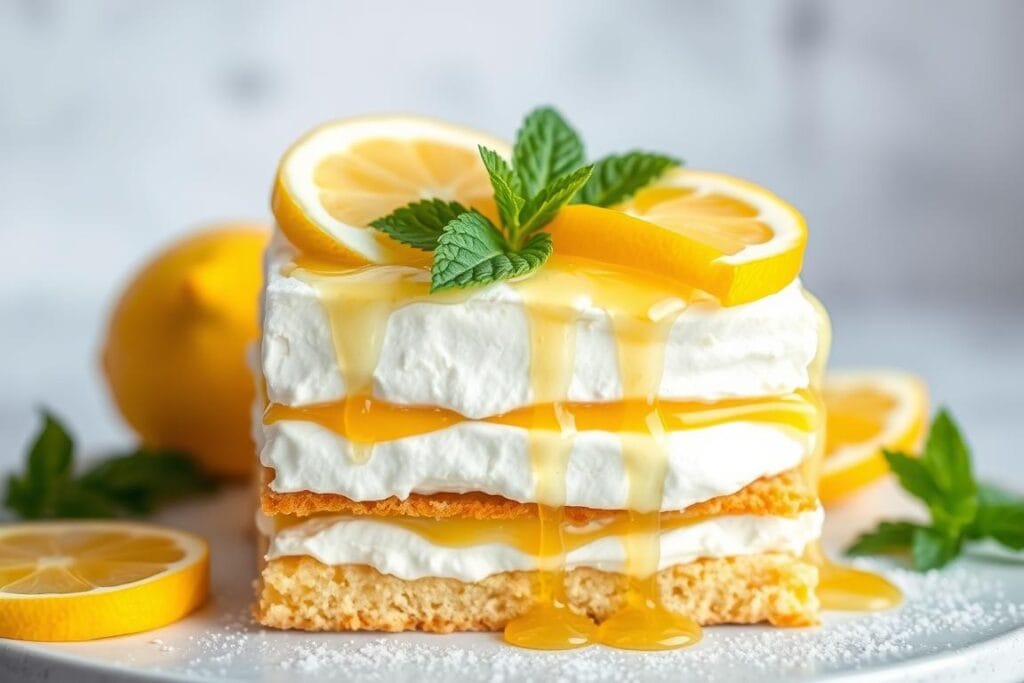 A delicate tiramisu dessert with a bright, zesty twist. In the foreground, a luscious lemon curd-infused sponge cake, layered with a light, airy mascarpone cream. Lemon slices, mint leaves, and a drizzle of golden limoncello syrup adorn the top, creating a visually stunning composition. The background features a soft, diffused lighting, highlighting the vibrant yellow and white tones. The scene is captured from a high angle, emphasizing the inviting, layered textures and the elegant simplicity of this modern take on a classic Italian dessert. A delicate tiramisu dessert with a bright, zesty twist. In the foreground, a luscious lemon curd-infused sponge cake, layered with a light, airy mascarpone cream. Lemon slices, mint leaves, and a drizzle of golden limoncello syrup adorn the top, creating a visually stunning composition. The background features a soft, diffused lighting, highlighting the vibrant yellow and white tones. The scene is captured from a high angle, emphasizing the inviting, layered textures and the elegant simplicity of this modern take on a classic Italian dessert.