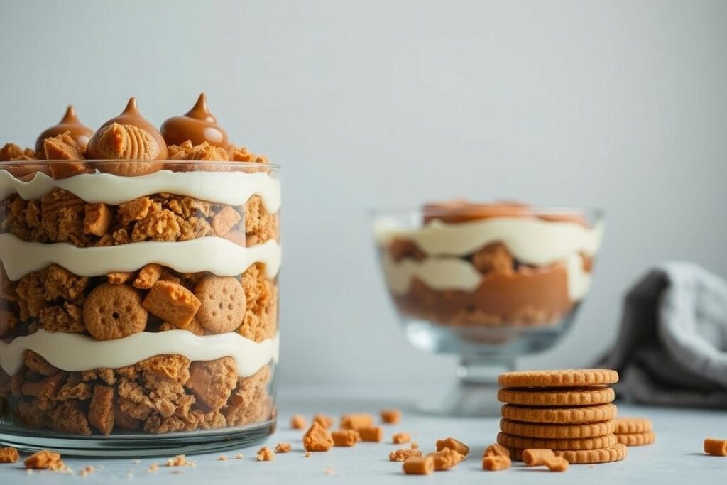 A meticulously crafted Biscoff trifle assembly, captured in a soft, diffused light. In the foreground, layers of crumbled Biscoff cookies, creamy custard, and dollops of luscious Biscoff spread are stacked with precision, creating a visually enticing dessert. The middle ground showcases the translucent glass bowl, allowing the intricate layers to be admired. In the background, a neutral, minimalist backdrop provides a simple yet elegant setting, emphasizing the decadent treat. The overall composition exudes a sense of indulgence and homemade comfort, inviting the viewer to savor each delectable bite. A meticulously crafted Biscoff trifle assembly, captured in a soft, diffused light. In the foreground, layers of crumbled Biscoff cookies, creamy custard, and dollops of luscious Biscoff spread are stacked with precision, creating a visually enticing dessert. The middle ground showcases the translucent glass bowl, allowing the intricate layers to be admired. In the background, a neutral, minimalist backdrop provides a simple yet elegant setting, emphasizing the decadent treat. The overall composition exudes a sense of indulgence and homemade comfort, inviting the viewer to savor each delectable bite.
