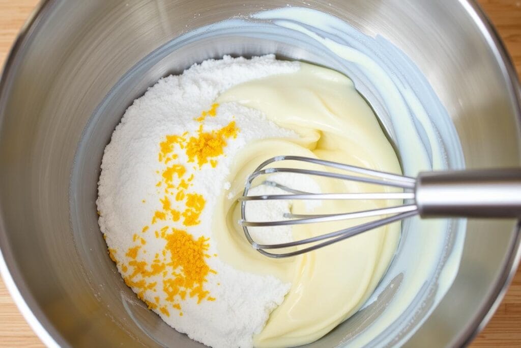 A stainless steel mixing bowl filled with fresh, vibrant lemon zest being meticulously combined with powdered sugar, creating a zesty, creamy lemon icing. Soft, diffused lighting from above casts a warm, inviting glow, accentuating the glossy texture of the icing as it's smoothed and swirled with a whisk. The scene is captured from a slightly elevated angle, providing a detailed, appetizing view of the icing preparation process, ready to be applied as a luscious topping to a freshly baked jello cake.
