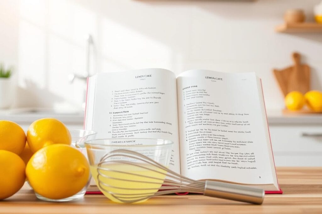 A step-by-step visual guide to baking a delectable jello cake, set against a clean, airy kitchen backdrop. In the foreground, freshly measured ingredients are neatly arranged - vibrant lemons, a mixing bowl, and a whisk poised for action. The middle ground features an open recipe book, its pages detailing the baking process in clear, easy-to-follow steps. Warm, natural lighting floods the scene, creating a inviting, homely atmosphere. The camera angle is angled slightly from above, providing an unobstructed view of the preparation area. This image aims to inspire and guide the viewer through the joyful process of crafting a mouthwatering lemon jello cake, right in their own kitchen.