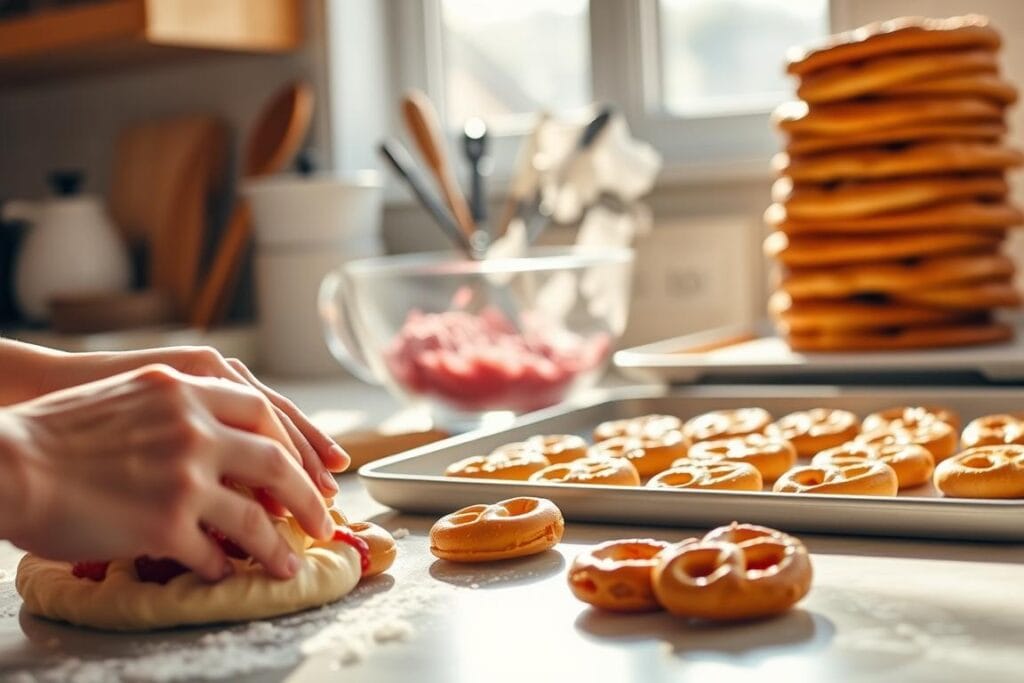 A sun-drenched kitchen counter, with a series of neatly arranged ingredients and utensils. In the foreground, a pair of hands gently kneading dough, the motion captured in soft focus. In the middle ground, a mixing bowl filled with a vibrant pink strawberry filling, and a baking tray with golden-brown pretzel bites. In the background, a stack of fragrant, fresh-baked pretzels, steam rising. Warm, natural lighting casts a cozy glow, reflecting the care and attention to detail in this step-by-step dessert preparation process. A sun-drenched kitchen counter, with a series of neatly arranged ingredients and utensils. In the foreground, a pair of hands gently kneading dough, the motion captured in soft focus. In the middle ground, a mixing bowl filled with a vibrant pink strawberry filling, and a baking tray with golden-brown pretzel bites. In the background, a stack of fragrant, fresh-baked pretzels, steam rising. Warm, natural lighting casts a cozy glow, reflecting the care and attention to detail in this step-by-step dessert preparation process.