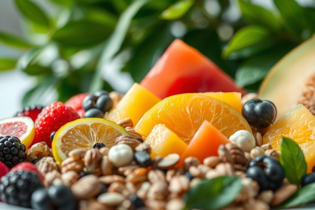 A vibrant close-up shot showcasing an assortment of natural, sugar-free ingredients. In the foreground, an array of fresh fruits like berries, citrus slices, and juicy melon chunks. In the middle ground, a scattering of nuts, seeds, and dried fruits in earthy tones. In the background, lush green leaves and a soft, diffused natural light creating a serene, organic atmosphere. The ingredients are arranged in a visually appealing, appetizing manner, conveying the nutritious and delectable nature of sugar-free desserts for diabetics. A vibrant close-up shot showcasing an assortment of natural, sugar-free ingredients. In the foreground, an array of fresh fruits like berries, citrus slices, and juicy melon chunks. In the middle ground, a scattering of nuts, seeds, and dried fruits in earthy tones. In the background, lush green leaves and a soft, diffused natural light creating a serene, organic atmosphere. The ingredients are arranged in a visually appealing, appetizing manner, conveying the nutritious and delectable nature of sugar-free desserts for diabetics.