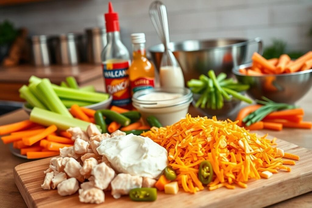 A well-lit kitchen countertop showcases a bountiful spread of fresh buffalo dip ingredients. In the foreground, a cutting board displays diced chicken breasts, shredded cheddar cheese, and a generous dollop of cream cheese. Surrounding the board, an array of colorful veggies - crisp celery stalks, vibrant carrot sticks, and tangy pickled jalapeños - provide the perfect dipping companions. In the middle ground, a bottle of hot sauce and a jar of ranch dressing stand ready to blend the flavors. The background features a set of stainless steel mixing bowls, a whisk, and a handful of fresh chives, hinting at the homemade preparation to come. Warm, earthy tones and soft, diffused lighting create an inviting, appetizing atmosphere. A well-lit kitchen countertop showcases a bountiful spread of fresh buffalo dip ingredients. In the foreground, a cutting board displays diced chicken breasts, shredded cheddar cheese, and a generous dollop of cream cheese. Surrounding the board, an array of colorful veggies - crisp celery stalks, vibrant carrot sticks, and tangy pickled jalapeños - provide the perfect dipping companions. In the middle ground, a bottle of hot sauce and a jar of ranch dressing stand ready to blend the flavors. The background features a set of stainless steel mixing bowls, a whisk, and a handful of fresh chives, hinting at the homemade preparation to come. Warm, earthy tones and soft, diffused lighting create an inviting, appetizing atmosphere.