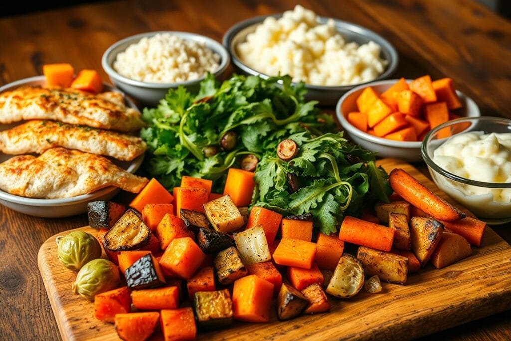 An assortment of vibrant, freshly prepared side dishes arranged on a rustic wooden table, illuminated by warm, natural lighting. In the foreground, a variety of roasted vegetables, such as brussels sprouts, sweet potatoes, and carrots, are neatly presented. The middle ground features a crisp, green salad with a variety of leafy greens and a light, zesty vinaigrette dressing. In the background, fluffy white rice and a hearty serving of buttered mashed potatoes complete the spread, creating a visually appealing and appetizing accompaniment to the main pollock dish. An assortment of vibrant, freshly prepared side dishes arranged on a rustic wooden table, illuminated by warm, natural lighting. In the foreground, a variety of roasted vegetables, such as brussels sprouts, sweet potatoes, and carrots, are neatly presented. The middle ground features a crisp, green salad with a variety of leafy greens and a light, zesty vinaigrette dressing. In the background, fluffy white rice and a hearty serving of buttered mashed potatoes complete the spread, creating a visually appealing and appetizing accompaniment to the main pollock dish.