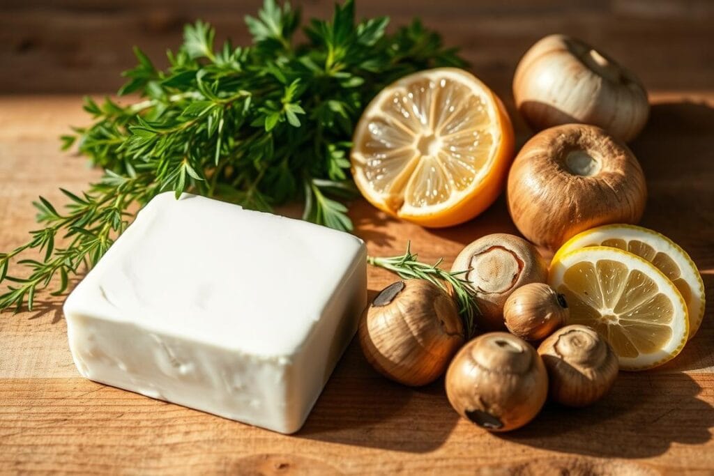 Delightful cream cheese appetizer ingredients arranged in a rustic, natural setting. On a wooden table, a smooth block of creamy white cream cheese sits alongside an assortment of fresh herbs, such as thyme and rosemary, their vibrant green leaves contrasting with the cheese. Nearby, a handful of plump, juicy mushrooms and a few thin slices of lemon add pops of earthy and citrus accents. The lighting is soft and warm, casting gentle shadows that accentuate the textures of the ingredients. The overall atmosphere is one of simplicity, freshness, and the promise of a delectable homemade appetizer. Delightful cream cheese appetizer ingredients arranged in a rustic, natural setting. On a wooden table, a smooth block of creamy white cream cheese sits alongside an assortment of fresh herbs, such as thyme and rosemary, their vibrant green leaves contrasting with the cheese. Nearby, a handful of plump, juicy mushrooms and a few thin slices of lemon add pops of earthy and citrus accents. The lighting is soft and warm, casting gentle shadows that accentuate the textures of the ingredients. The overall atmosphere is one of simplicity, freshness, and the promise of a delectable homemade appetizer.