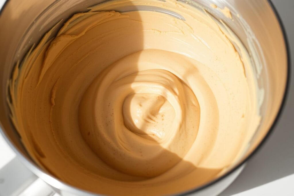 Detailed close-up view of a mixing bowl filled with a creamy, golden-brown speculoos cake batter. The batter has a lush, velvety texture with flecks of ground spices throughout. Soft natural lighting bathes the scene, casting gentle shadows that accentuate the smooth, glossy surface of the batter. The bowl is positioned on a clean, minimalist white countertop, allowing the rich color of the batter to take center stage. The composition is framed to draw the viewer's eye directly to the inviting texture and aroma of the freshly prepared speculoos cake base. Detailed close-up view of a mixing bowl filled with a creamy, golden-brown speculoos cake batter. The batter has a lush, velvety texture with flecks of ground spices throughout. Soft natural lighting bathes the scene, casting gentle shadows that accentuate the smooth, glossy surface of the batter. The bowl is positioned on a clean, minimalist white countertop, allowing the rich color of the batter to take center stage. The composition is framed to draw the viewer's eye directly to the inviting texture and aroma of the freshly prepared speculoos cake base.