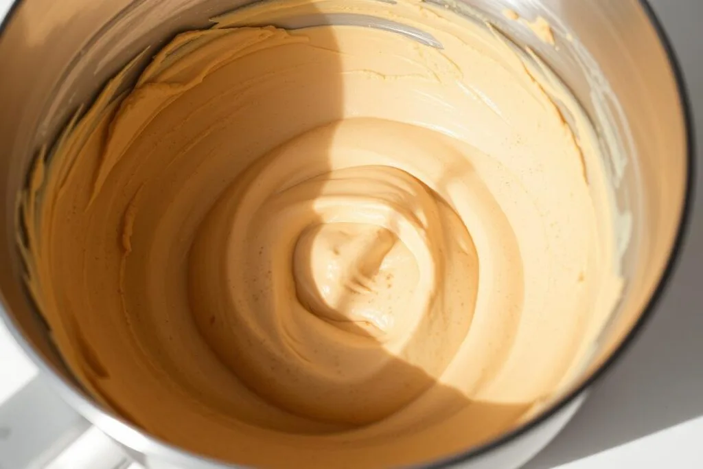 Detailed close-up view of a mixing bowl filled with a creamy, golden-brown speculoos cake batter. The batter has a lush, velvety texture with flecks of ground spices throughout. Soft natural lighting bathes the scene, casting gentle shadows that accentuate the smooth, glossy surface of the batter. The bowl is positioned on a clean, minimalist white countertop, allowing the rich color of the batter to take center stage. The composition is framed to draw the viewer's eye directly to the inviting texture and aroma of the freshly prepared speculoos cake base. Detailed close-up view of a mixing bowl filled with a creamy, golden-brown speculoos cake batter. The batter has a lush, velvety texture with flecks of ground spices throughout. Soft natural lighting bathes the scene, casting gentle shadows that accentuate the smooth, glossy surface of the batter. The bowl is positioned on a clean, minimalist white countertop, allowing the rich color of the batter to take center stage. The composition is framed to draw the viewer's eye directly to the inviting texture and aroma of the freshly prepared speculoos cake base.