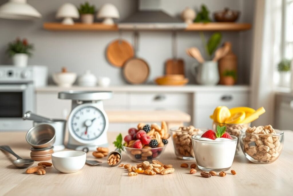 Detailed still life image of portion control tips for healthy eating. In the foreground, various measuring cups, spoons, and food scales are arranged neatly on a light wooden surface. In the middle ground, healthy snacks like fresh fruit, nuts, and yogurt are displayed in visually appealing portions. The background features a soft, blurred kitchen scene with minimalist decor, natural lighting, and a sense of serenity. The overall atmosphere conveys a balanced, educational, and visually pleasing approach to portion control and nutrition. Detailed still life image of portion control tips for healthy eating. In the foreground, various measuring cups, spoons, and food scales are arranged neatly on a light wooden surface. In the middle ground, healthy snacks like fresh fruit, nuts, and yogurt are displayed in visually appealing portions. The background features a soft, blurred kitchen scene with minimalist decor, natural lighting, and a sense of serenity. The overall atmosphere conveys a balanced, educational, and visually pleasing approach to portion control and nutrition.