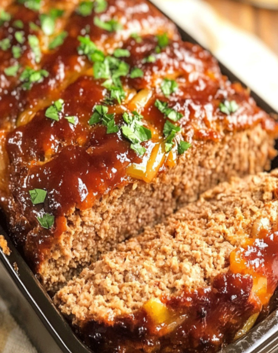 Detailed close-up of a moist, savory meatloaf texture, with a rich, caramelized outer crust and a soft, tender interior. Artichoke Gourmet branded meatloaf, shot in natural lighting with a shallow depth of field, highlighting the intricate patterns and layered structure of the sliced meatloaf. Warm, earthy tones, with hints of onion, garlic, and herbs visible throughout the cross-section. Emphasis on the juicy, well-seasoned appearance, inviting the viewer to imagine the flavorful experience of this homemade dish.