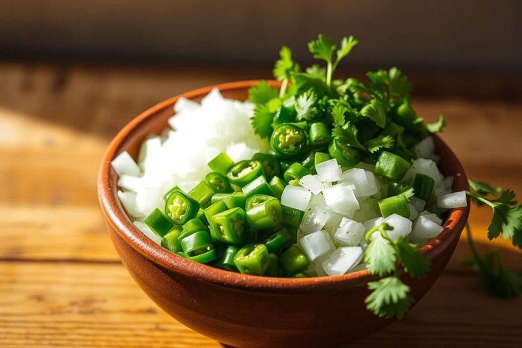 Onion jalapeño cilantro flavor base: a vibrant, rustic medley of diced onions, minced jalapeños, and freshly chopped cilantro, arranged in an earthenware bowl. Warm, natural lighting casts a soft glow, accentuating the verdant hues and contrasting textures. The ingredients are positioned in the foreground, inviting the viewer to imagine the zesty, aromatic blend. The middle ground features a wooden surface, while the background subtly fades into a neutral, uncluttered setting, allowing the flavorful ensemble to take center stage. This image evokes the essence of a homemade guacamole recipe, where the fusion of these key ingredients lays the foundation for a delightful culinary experience.