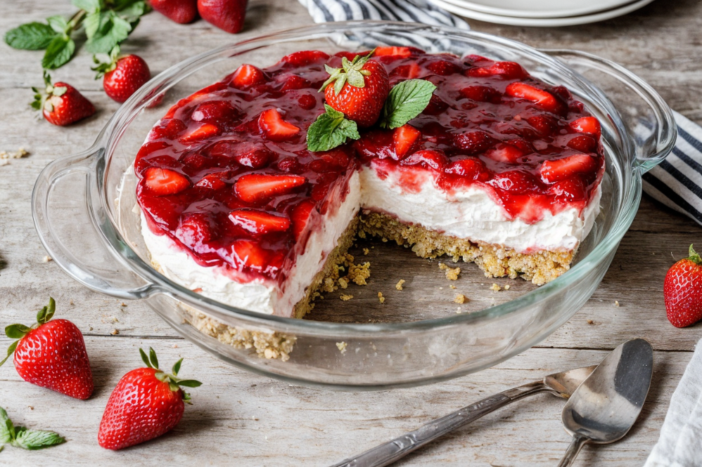 A close-up shot of a delectable strawberry jello topping being meticulously applied to a layer of fluffy whipped cream. The jello glistens with a vibrant red hue, its translucent texture revealing the plump, juicy strawberry slices nestled within. The smooth, creamy layer beneath provides a perfect canvas, allowing the jello to take center stage. Soft, diffused lighting casts a warm, inviting glow, emphasizing the dessert's luscious, appetizing appearance. The camera angle is slightly elevated, drawing the viewer's attention to the intricate details of the layering technique, showcasing the precise application of the jello topping. Pretzel Salad